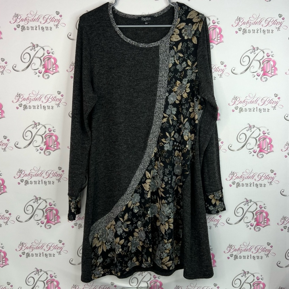 Papillon long sleeve dress flowers floral Blanc Charcoal Knit long top